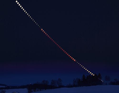 A composite image showing the color and brightness of the 21 January 2019 lunar eclipse over time