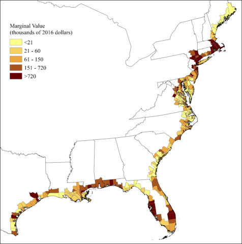 Map of U.S. Atlantic and Gulf coasts with counties colored based on the marginal value of wetlands