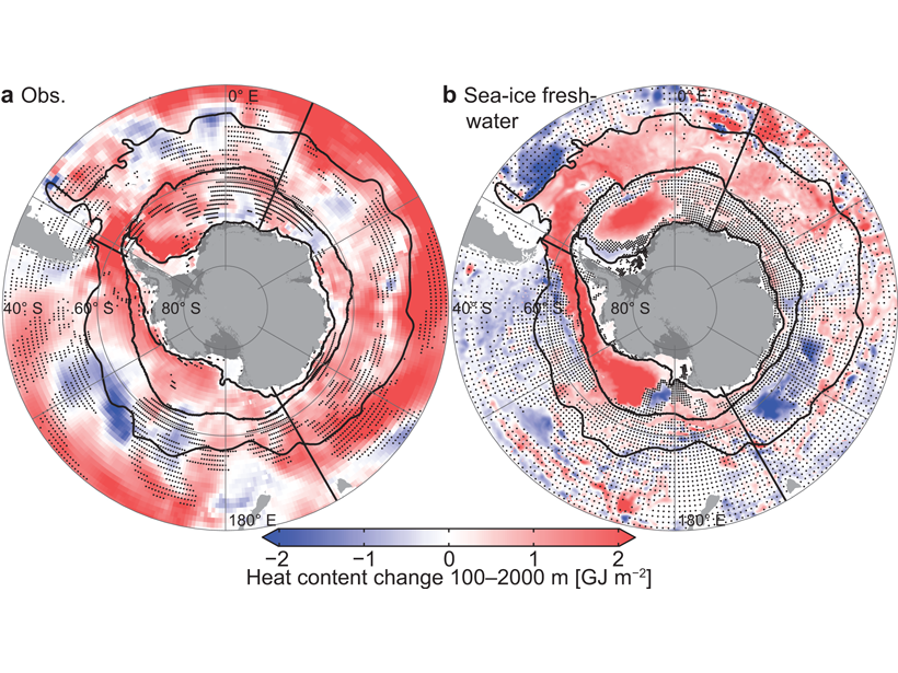 Maps showing observed (left) and simulated (right) subsurface ocean heat content changes in the Southern Ocean