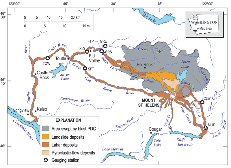 Map of the distribution of different deposits following the 1980 Mount St. Helens eruption