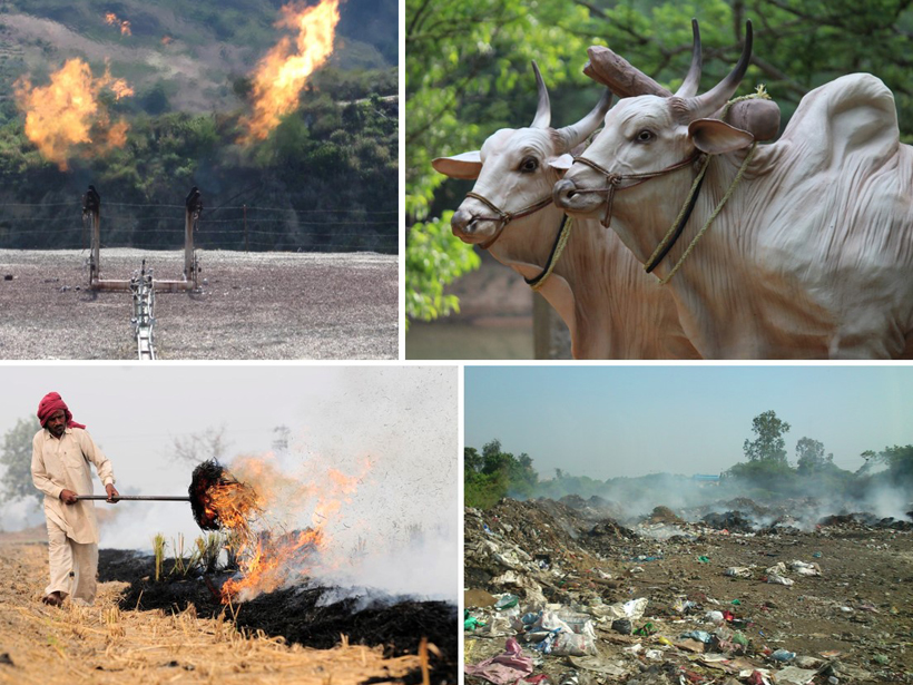 Different sources of methane emissions: fossil fuel industries, ruminant farm animals, landfills, and biomass burning