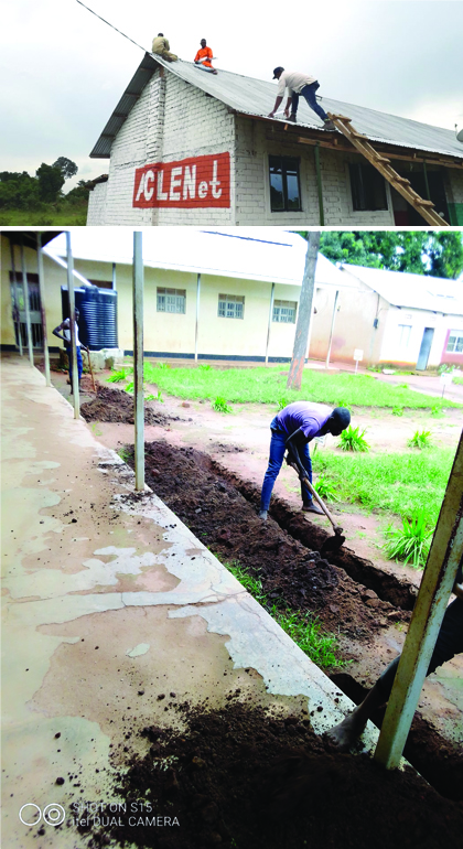 Photo of a man digging a trench in a school courtyard with an inset photo of men climbing a ladder to the roof of a school labeled ACLENet