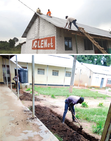 Photo of a man digging a trench in a school courtyard with an inset photo of men climbing a ladder to the roof of a school labeled ACLENet
