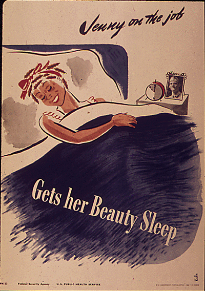 WWII-era poster illustration of a sleeping, smiling young woman