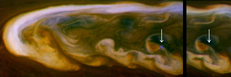 Side-by-side images of a storm cloud on Saturn with and without a flash of lightning