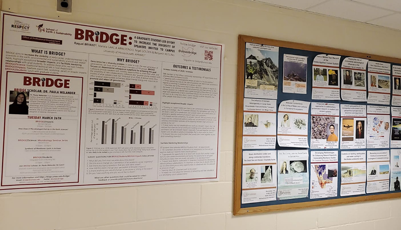 Posters hang in a hallway in the Department of Geosciences at the University of Massachusetts Amherst.