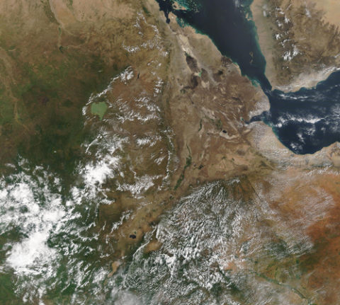 Satellite image of eastern Africa, with the Red Sea and the Gulf of Aden to the east