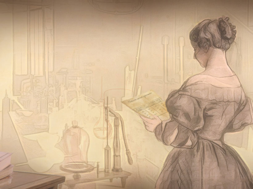 Illustration of a 19th-century white woman in a lab