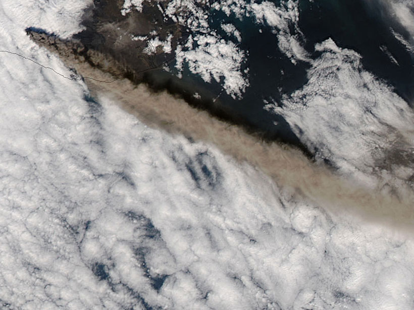 Satellite image of a long plume of ash extending from Eyjafjallajökull, Iceland