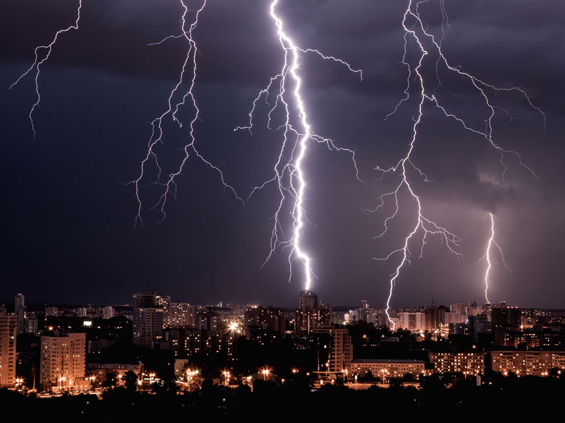 Lightning flashes over a city