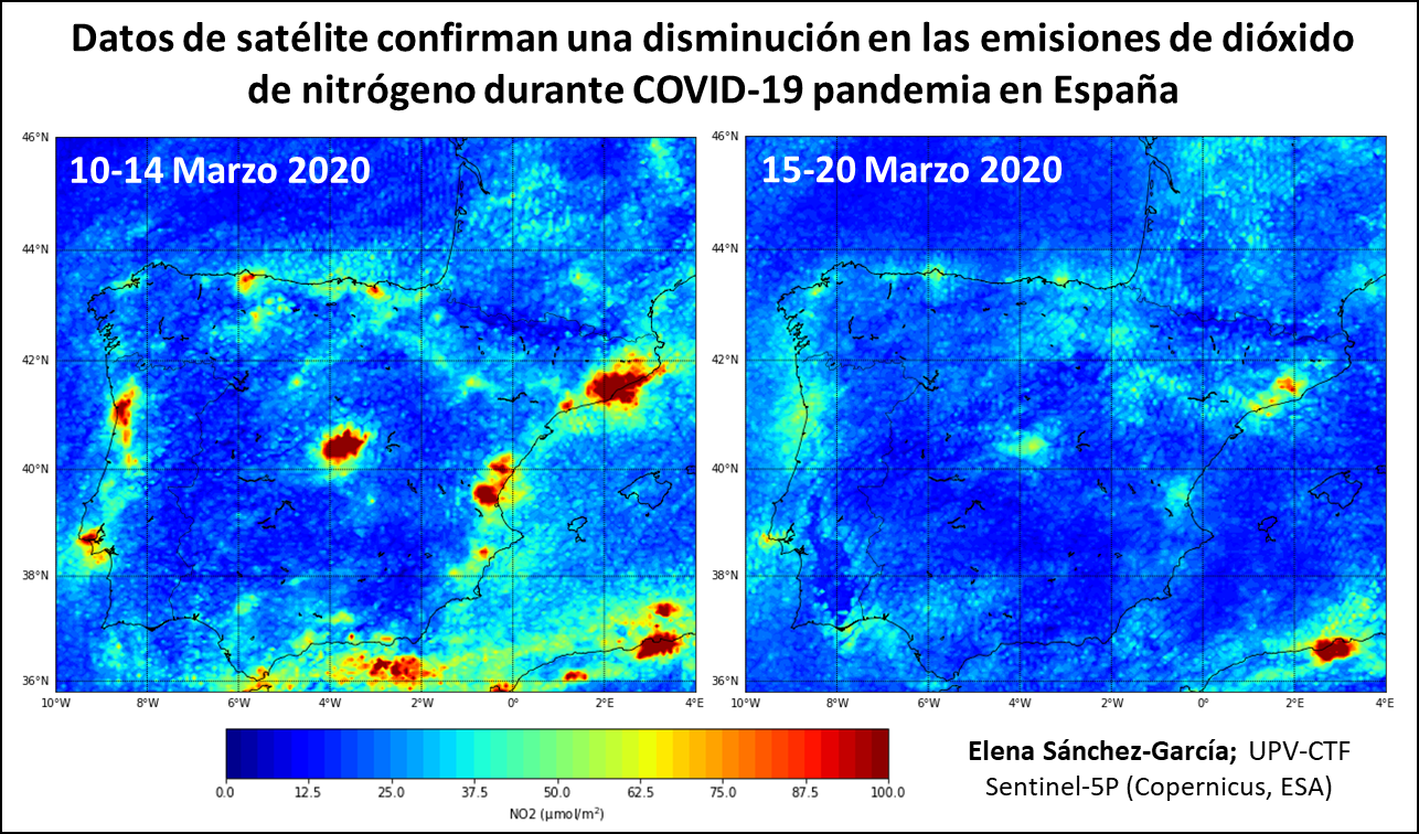 Maps of Spain depicting nitrogen oxide levels in early and mid-March 2020
