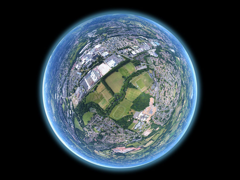 Aerial panorama warped to look like a planet.