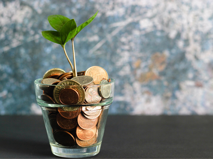 A plant grows out of a cup holding coins