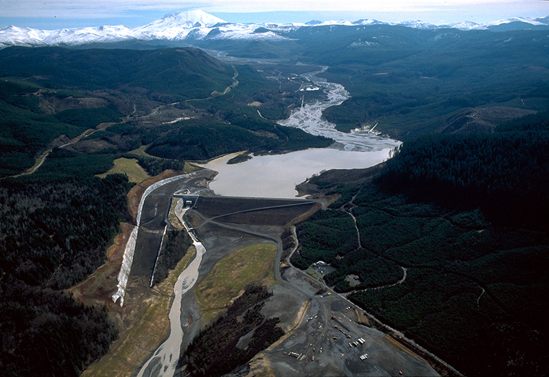 A sediment-retention dam on the North Fork Toutle River constructed by the U.S. Army Corps of Engineers