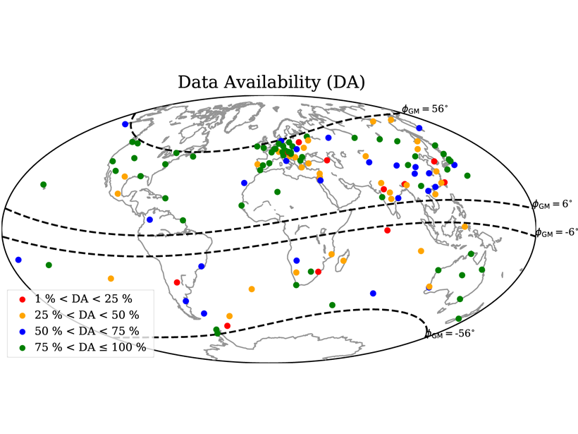 World map showing location of permanent geomagnetic observatories and their data availability for electromagnetic source characterization.