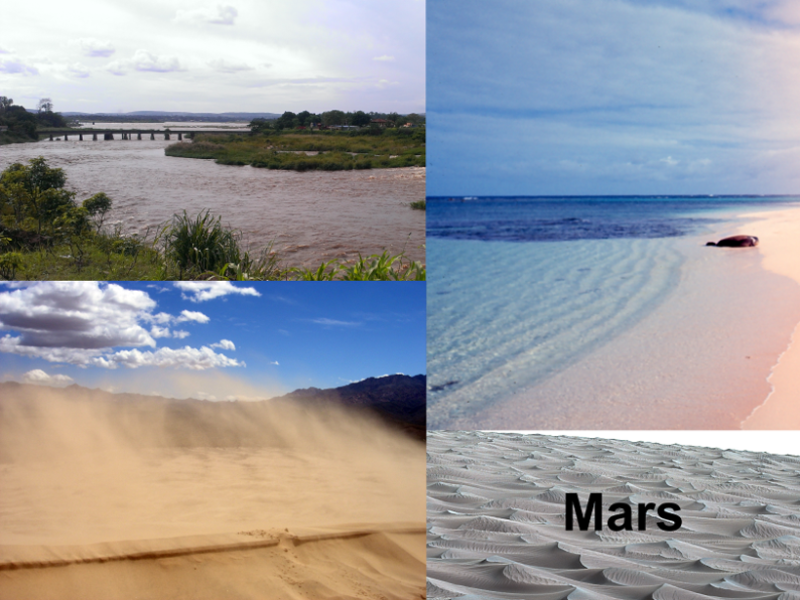 Photographs of different environments in which sediment transport occurs: a river, the coast, and sand dunes.