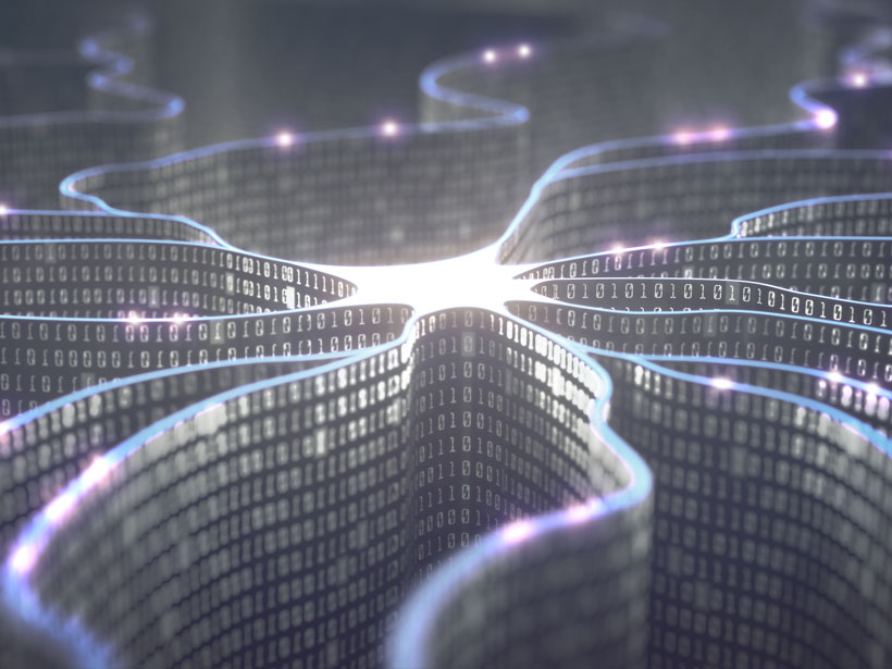 Artificial neuron with binary code radiating outward from the cell body