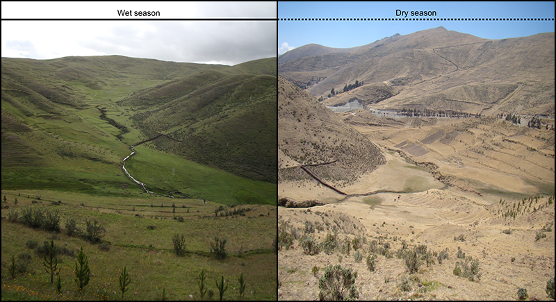 Side-by-side images of a valley in wet and dry seasons