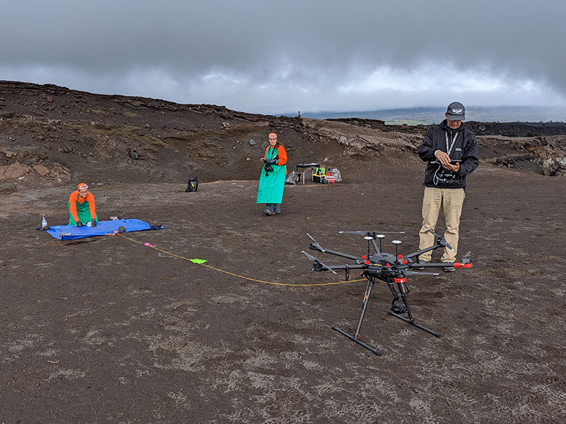 Scientists test a drone atop Mount Kīlauea in Hawaii.