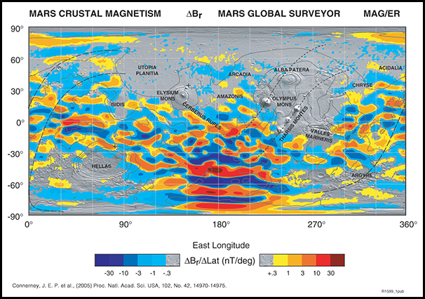 Map of Mars showing magnetism in crustal rocks Map of Mars showing magnetism in crustal rocks