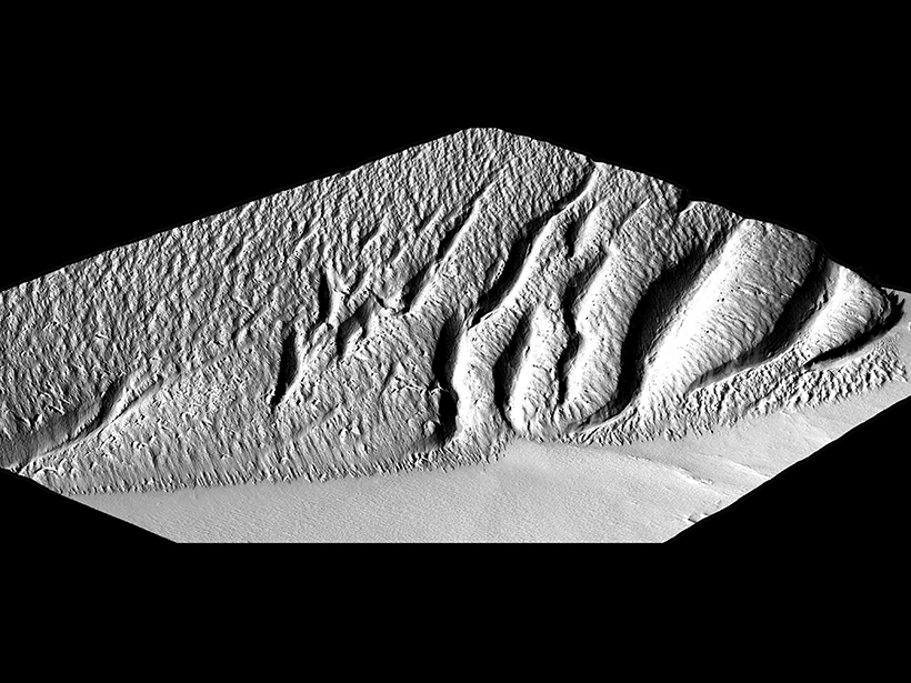 Black-and-white image of the Martian landscape feature Medusae Fossae
