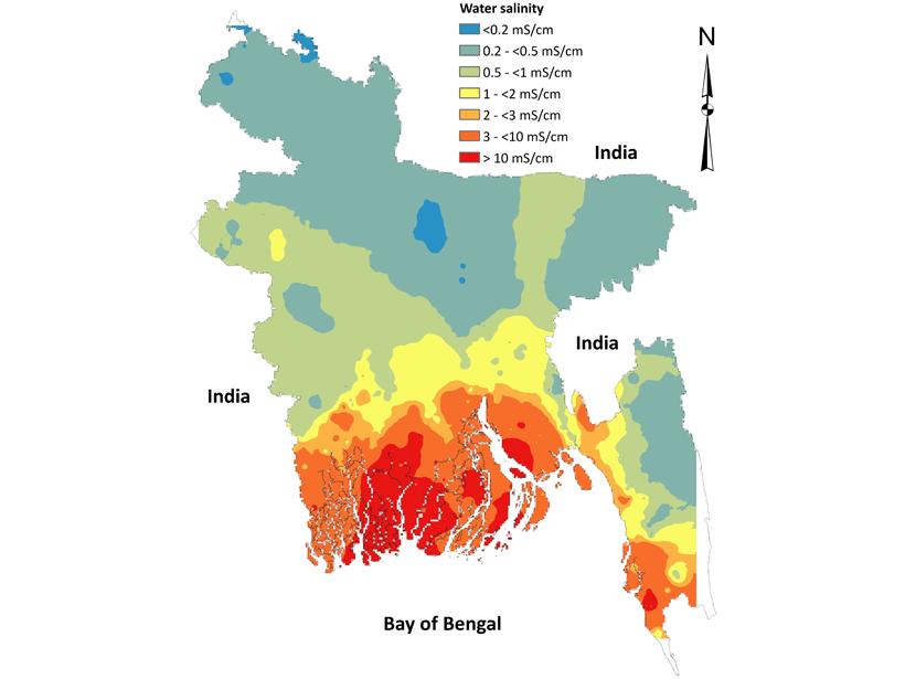 Map of Bangladesh showing levels of drinking water salinity