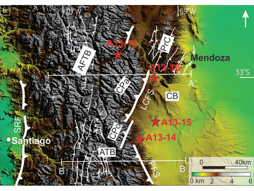 Shaded relief map illustrating the high topography of the Southern Central Andes and sampling locations used in the study