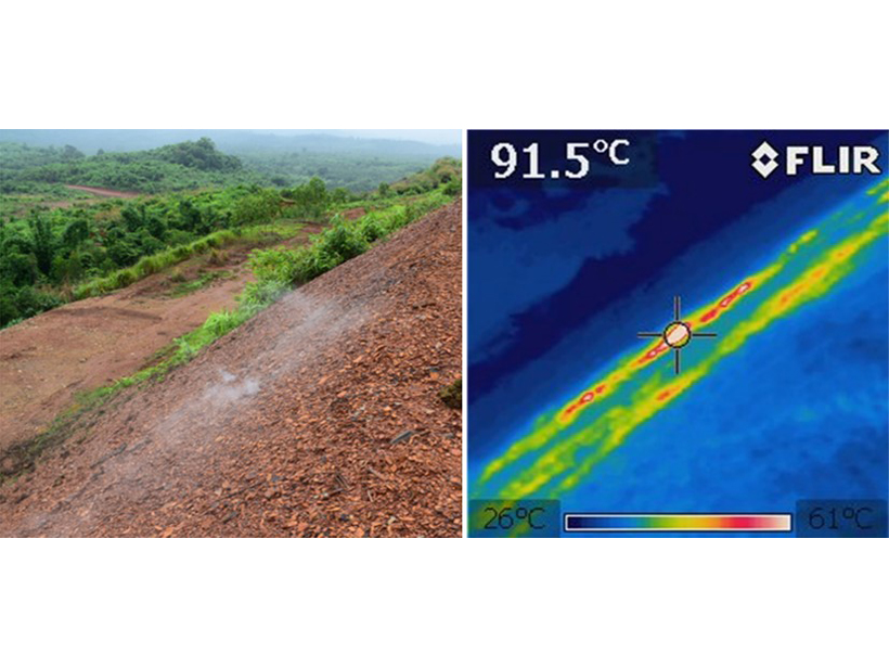 Photograph and heat map plot of a spontaneously combusting coal-mine waste heap in Myanmar heating up to 91.5 degrees Celsius