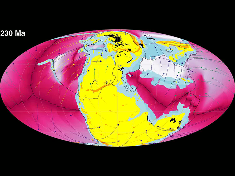 Snapshot from animation frozen on the Pangaea supercontinent in the early Mesozoic