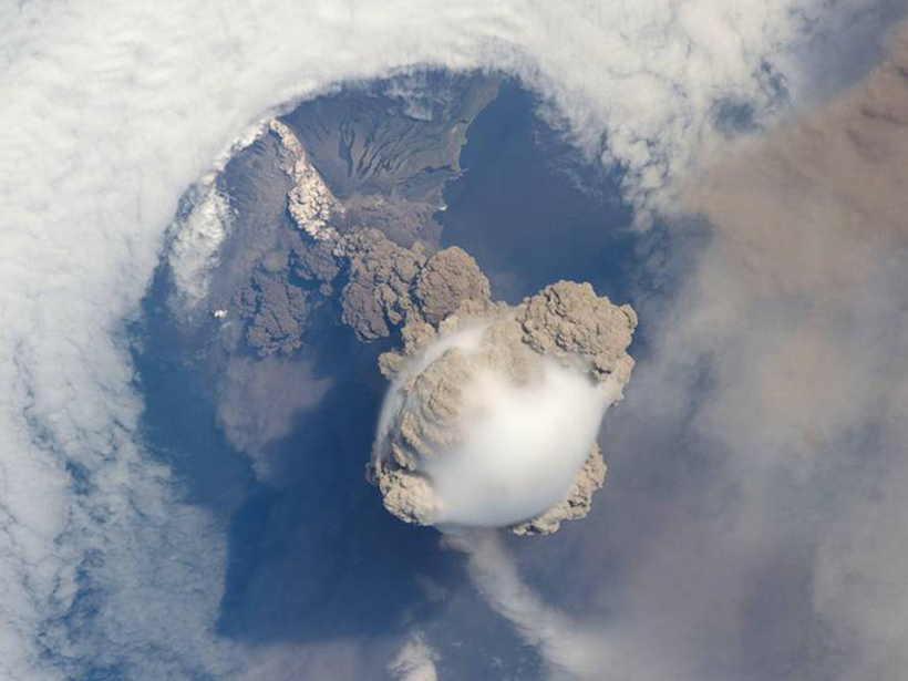 Photograph of the Sarychev Volcano erupting in 2009 as captured from the International Space Station