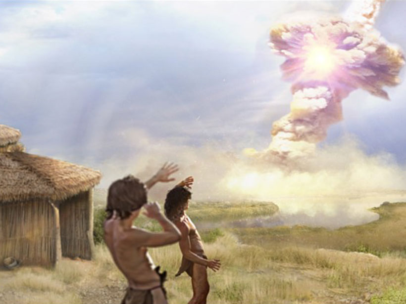 Illustration of Stone Age villagers shielding their eyes from a nearby airburst