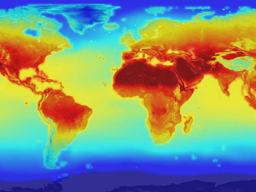 World map showing a climate simulation with hotter forecasts shaded red and cooler forecasts shaded blue