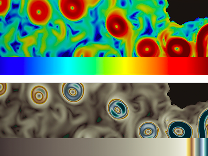Comparison of ocean data portrayed with a desaturated rainbow colormap and with a colormap designed to provide detail in outlying data ranges