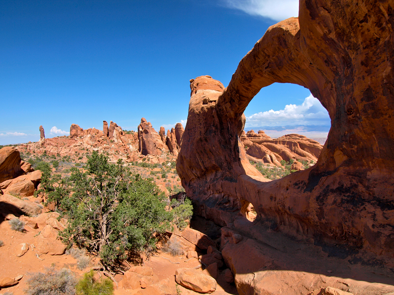 Two holes eroded through a sandstone fin, creating Double O Arch in Arches National Park.