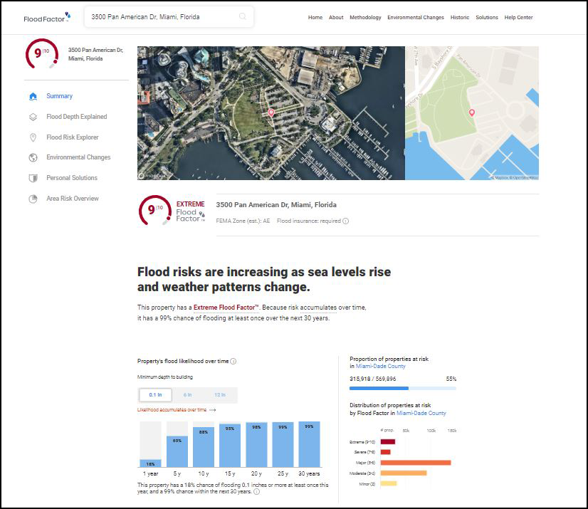 A screenshot from First Street Foundation’s website showing the Flood Factor flood risk of city hall in Miami, Fla.