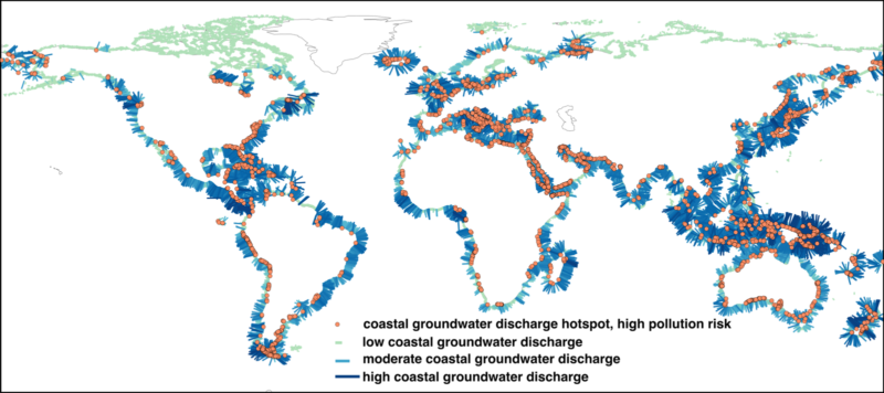 World map showing intensity of groundwater discharge into oceans World map showing intensity of groundwater discharge into oceans