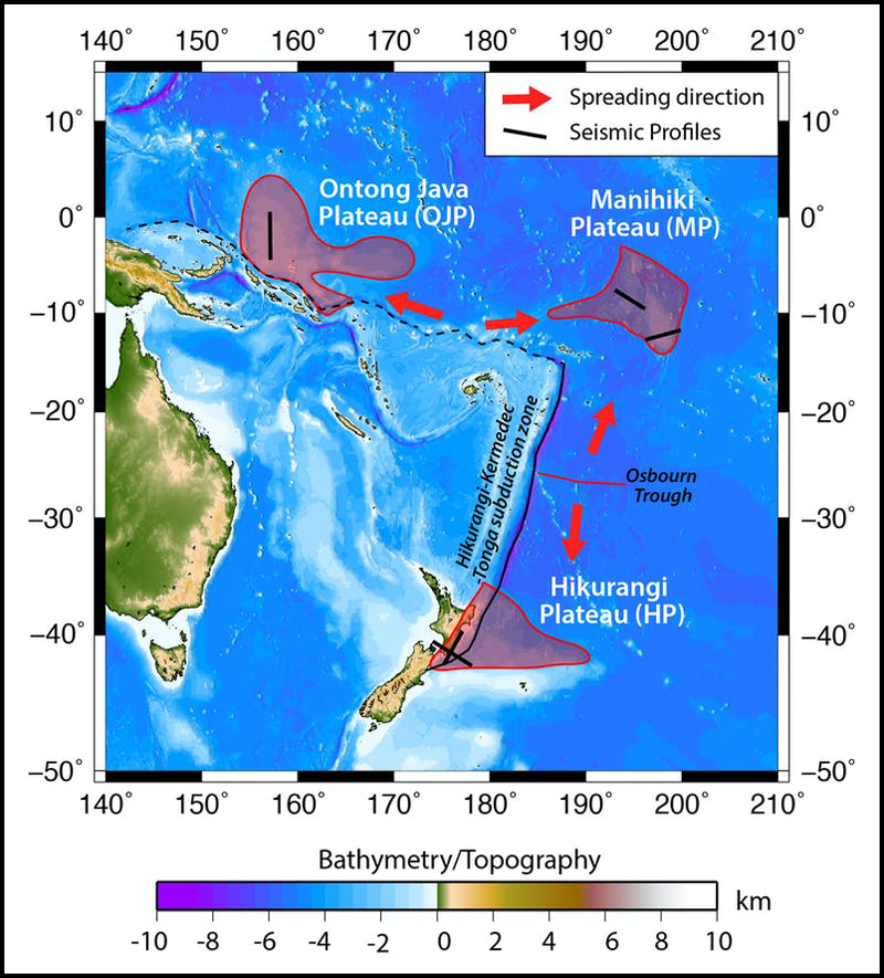 A map of eastern Australia, New Guinea, and New Zealand identifying the Ontong Java, Manihiki, and Hikurangi oceanic plateaus. A map of eastern Australia, New Guinea, and New Zealand identifying the Ontong Java, Manihiki, and Hikurangi oceanic plateaus.