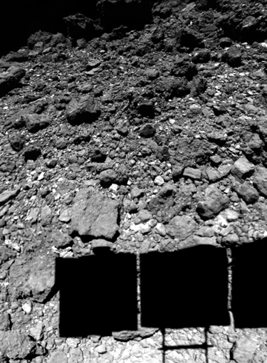 Black-and-white satellite image of a spacecraft, seen in shadow, landing on the rocky surface of the asteroid Ryugu Black-and-white satellite image of a spacecraft, seen in shadow, landing on the rocky surface of the asteroid Ryugu