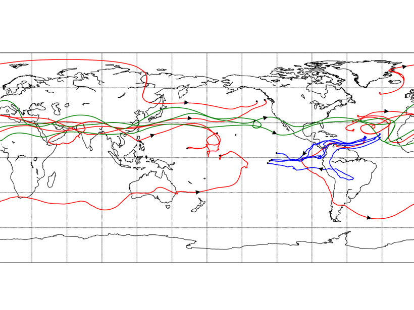 Map of the world showing trajectories that transport water from the Atlantic to the Pacific Ocean