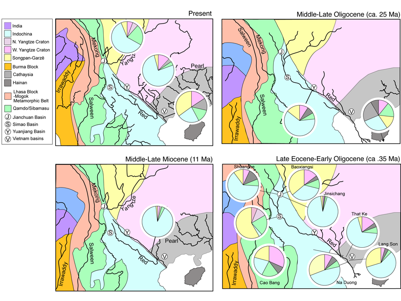 Four maps of the Red River region in different periods of geologic history showing composition of sediment samples