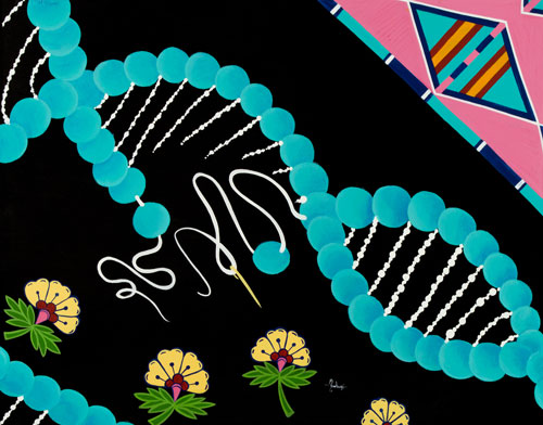 Painting by Mallery Quetawki of Zuni Pueblo depicting DNA damage through the indigenous perspective of broken turquoise beads