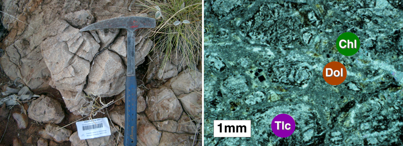 A basalt outcrop in the Pilbara region beside a thin section microscope image of a sample of the rock from the outcrop