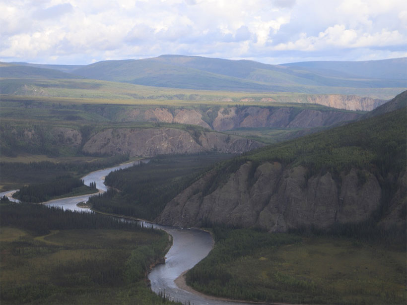 Aerial view of the Charley River and the surrounding landscape in Alaska
