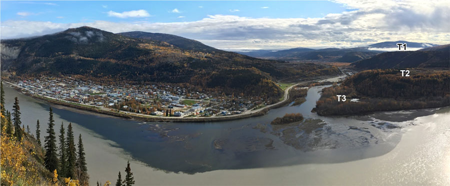 Panorama of the confluence of the Klondike and Yukon rivers at Dawson City, Yukon, Canada