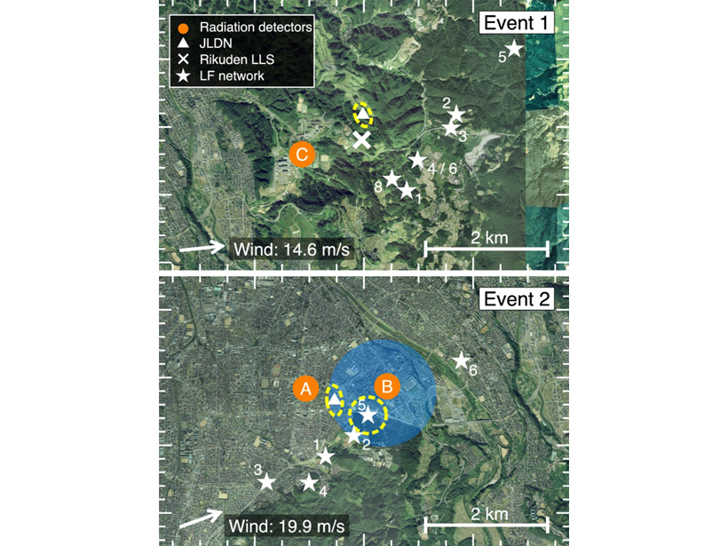 Detector and lightning locations for two observed events in Kanazawa, Japan