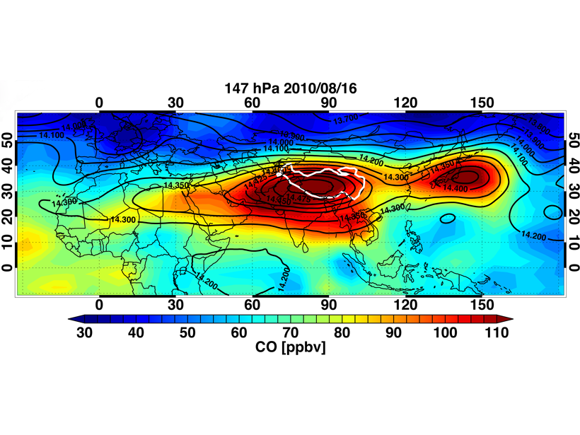Map showing an example of how chemical signature informs the dynamics of the Asian Summer Monsoon flow pattern