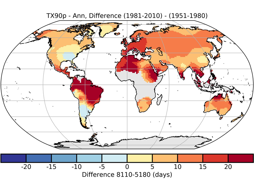 World map showing the difference of a metric of extreme hot days between two periods