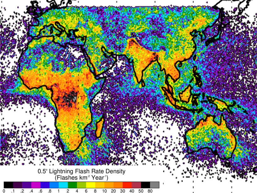 Part of a world map showing the number of lightning flashes per square kilometer in each year