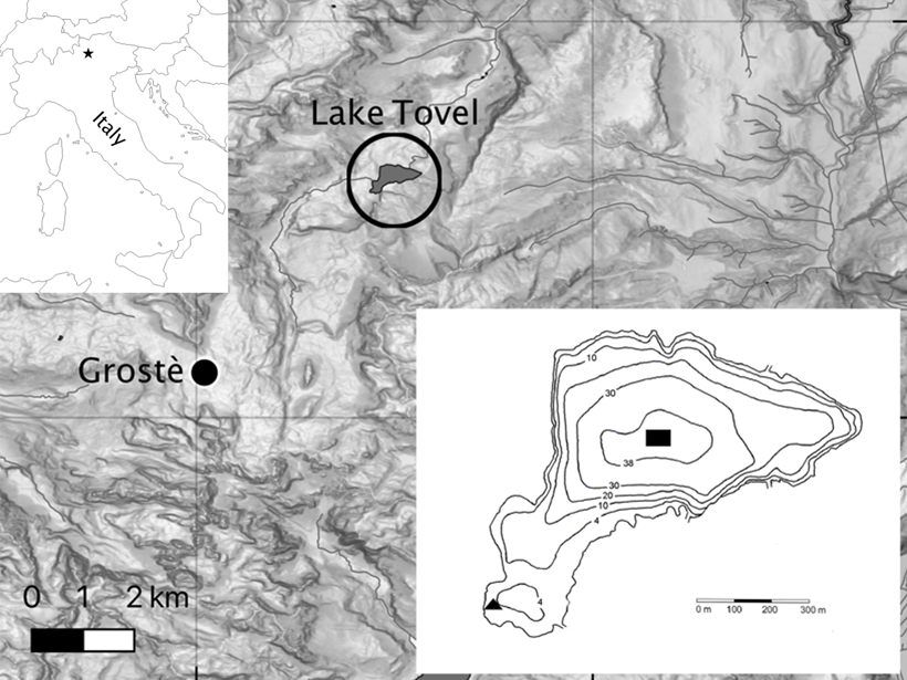 Map showing the location of study in northern Italy and inset image showing bathymetry of Lake Tovel