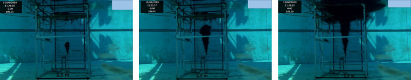 Sequence of photos taken in an underwater tank showing the behavior of crude oil when released from a 1 centimeter pipe